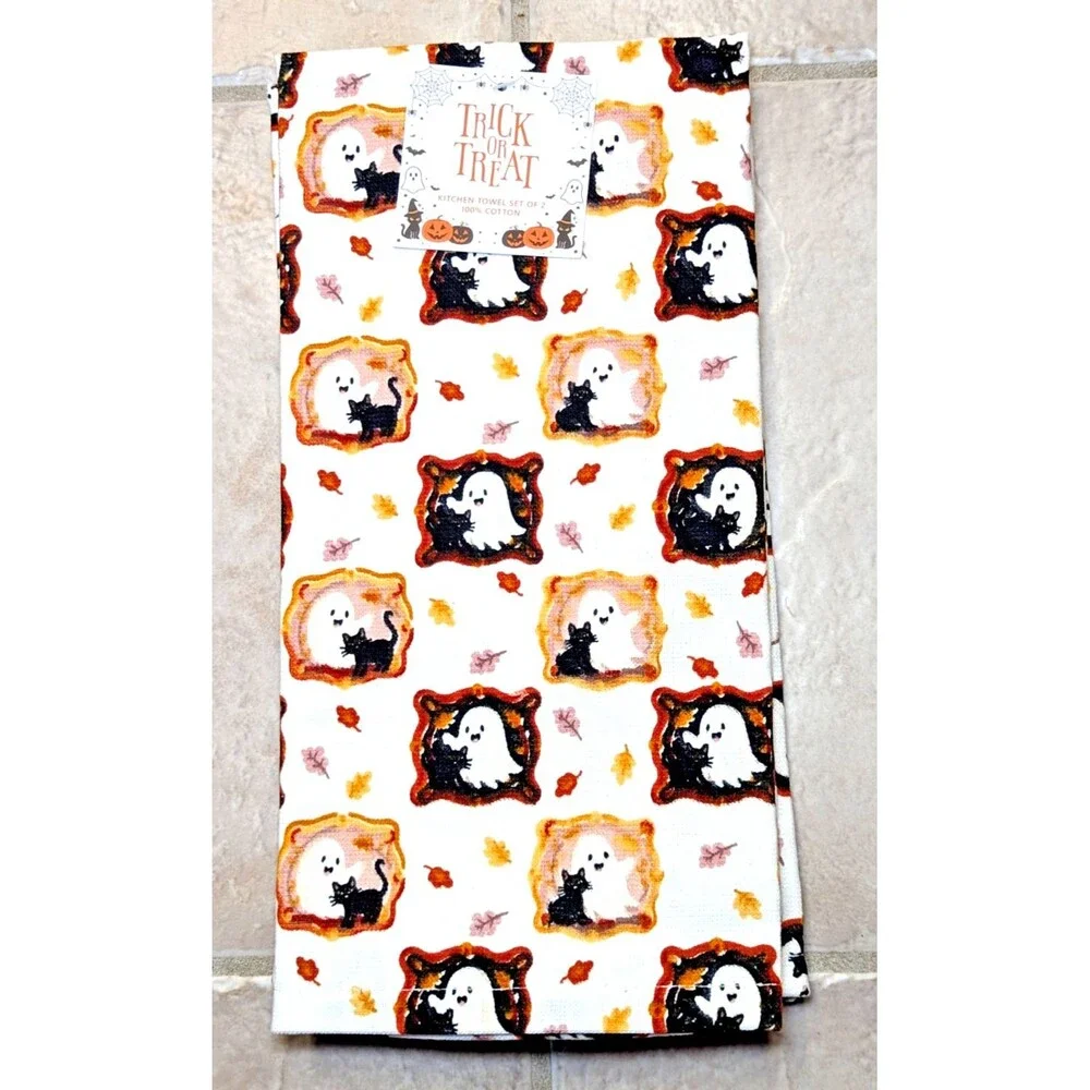Trick or Treat Ghost and Black Cat Halloween Portraits Fall Leaves Cotton 2-pc